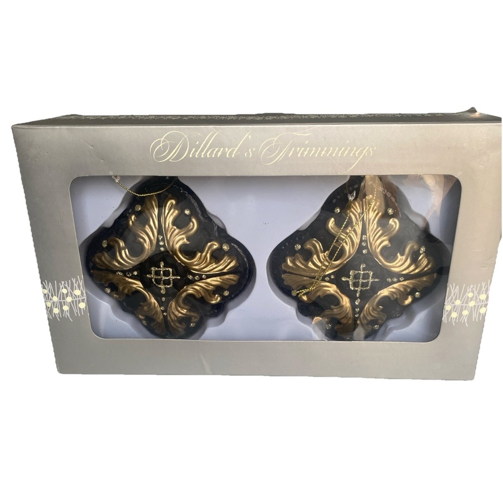VTG DILLARDS TRIMMINGS Gold Black 4" Baroque Glass Round 2 Piece Ornaments